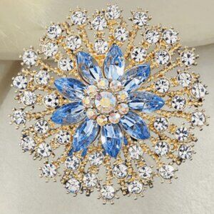 NEW Statement Crystal Floral Brooch – Blue & Clear Rhinestone Flower Pin